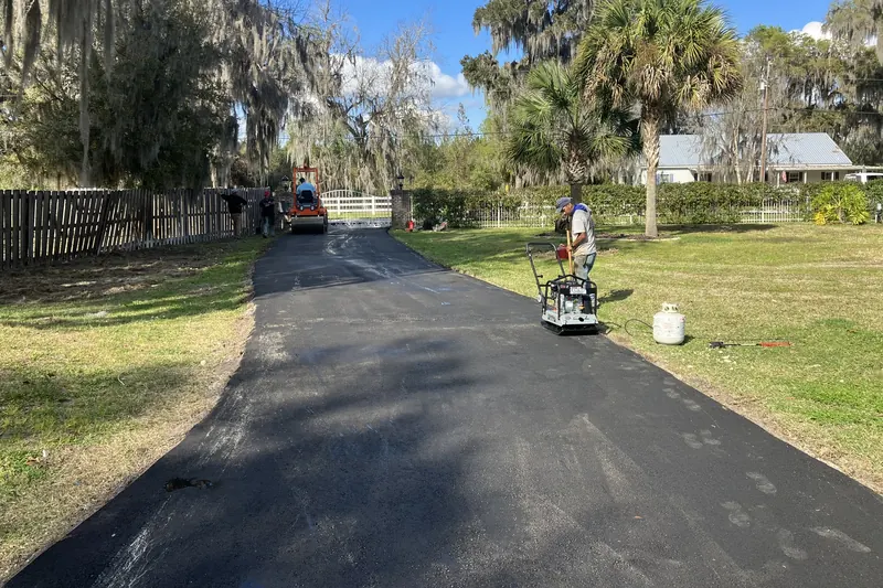 Glossy new asphalt driveway through a gate to a Florida home with palm trees
